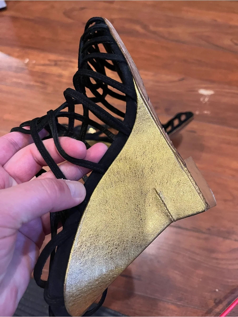 Saint Laurent Black Strappy Wedge Sandals with Gold Wedge Heel size 37